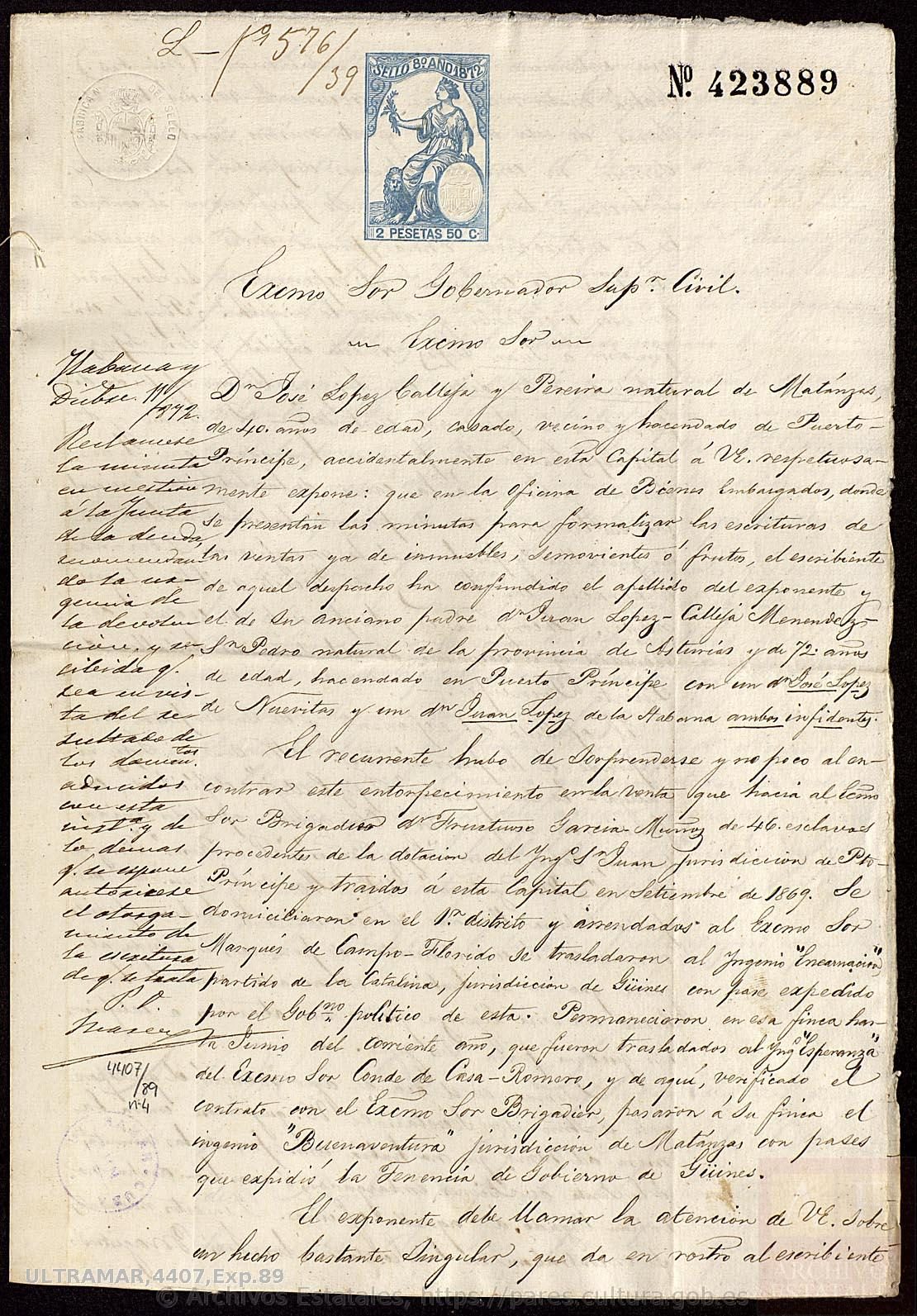 A handwritten petition on stamped paper, headed by a blue 1872 Spanish revenue stamp of two pesetas fifty céntimos bearing a seated female figure and a lion, and numbered 423889. The text is addressed to the Gobernador Superior Civil and dated Havana, 11 December 1872, with notes written vertically down the left margin by a clerk.