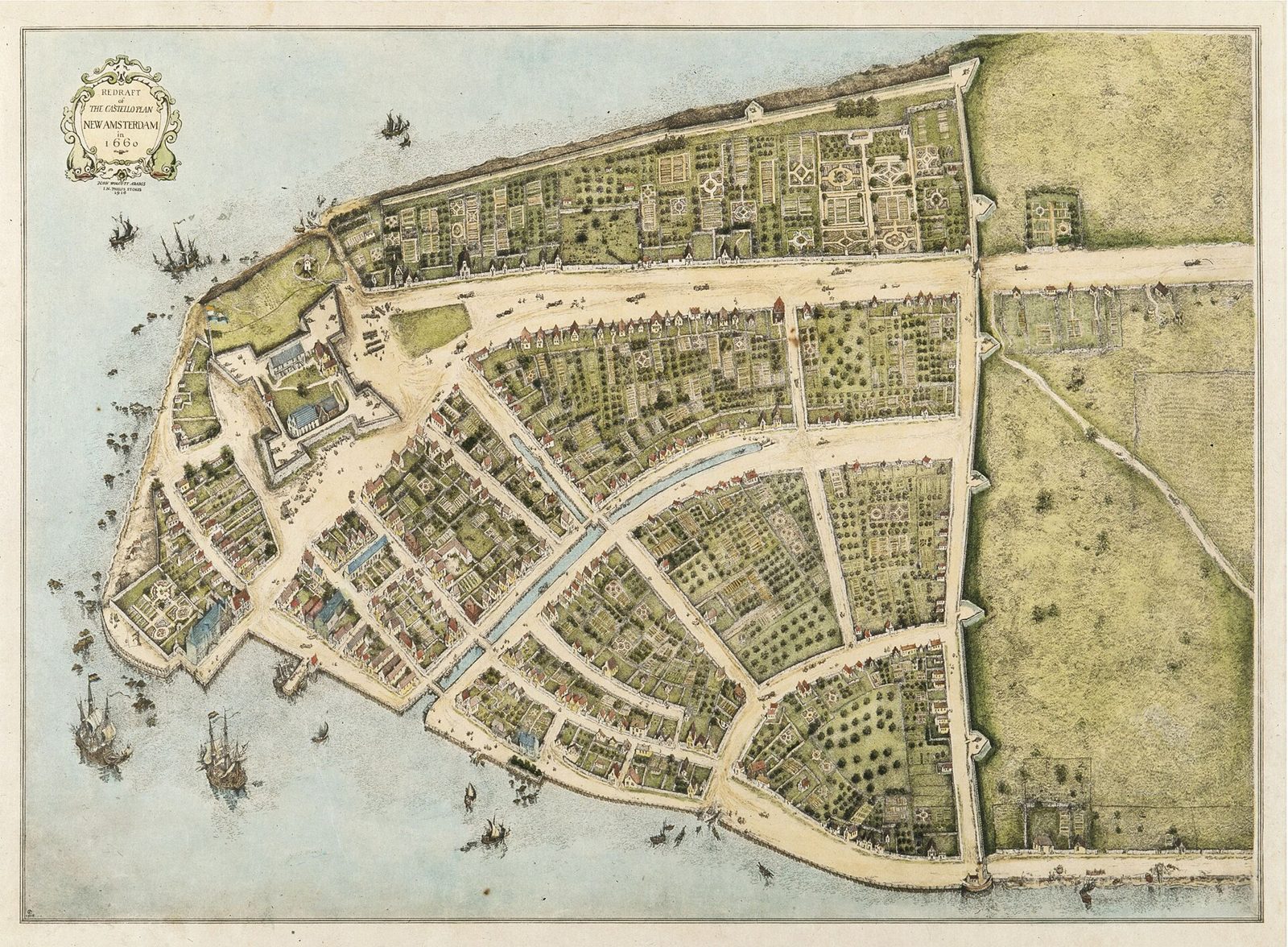 A hand-drawn colour map of the southern tip of Manhattan in 1660: the fort at the bottom, a wall across the top, streets and garden plots between, and the East River shore lined with small houses