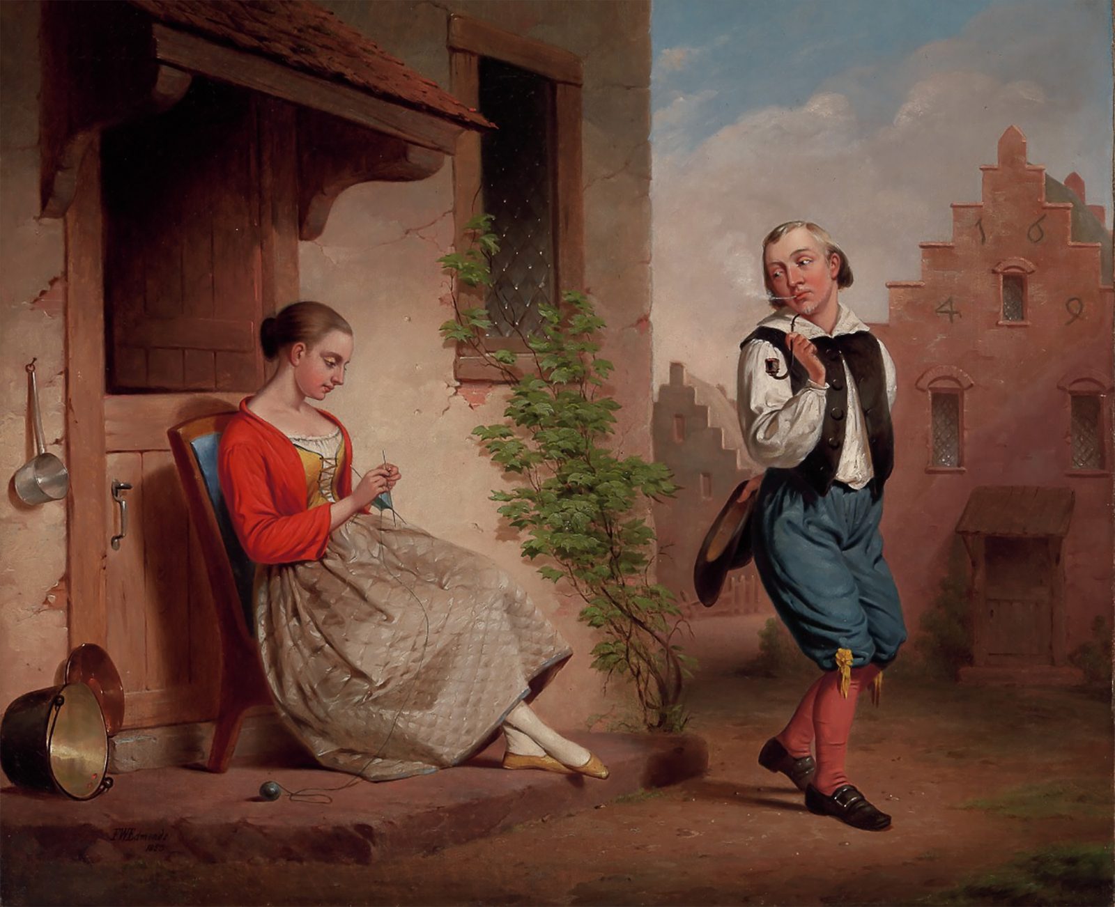 An oil painting of a young woman seated in a chair in a doorway, knitting, in a red jacket over a yellow laced bodice and a quilted grey petticoat, white stockings and yellow slippers, a ball of yarn on the step and copper pans hanging by the door. A young man stands in the yard to her right with his hat in one hand and a clay pipe in the other, in a white shirt, black sleeveless jerkin, blue knee-breeches tied with yellow ribbon, red stockings and buckled shoes. Behind him a stepped-gable brick house carries the numerals 1 6 4 9 across its gable.