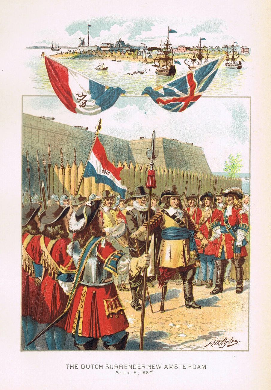 A colour lithograph in two registers. Across the top, two flags are draped over a small view of the town from the water with ships at anchor: on the left the Dutch tricolour bearing the West India Company's monogram, on the right the English union flag of St George and St Andrew. Below, inside a palisade under the stone wall of a fort, ranks of English soldiers in red coats with pikes face a group of Dutchmen; at the centre a heavy-set man in a buff coat and blue sash stands on a wooden leg beside a Dutch flag on a staff. Printed at the foot: THE DUTCH SURRENDER NEW AMSTERDAM, Sept. 8, 1664.