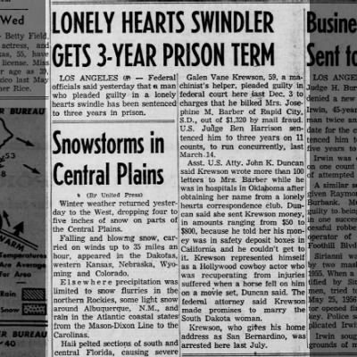 A newspaper clipping headed 'LONELY HEARTS SWINDLER GETS 3-YEAR PRISON TERM', a single column of type naming Galen Vane Krewson, 59, a machinist's helper, with neighbouring columns headed 'Snowstorms in Central Plains' and 'Business Sent to…' partly visible on either side.
