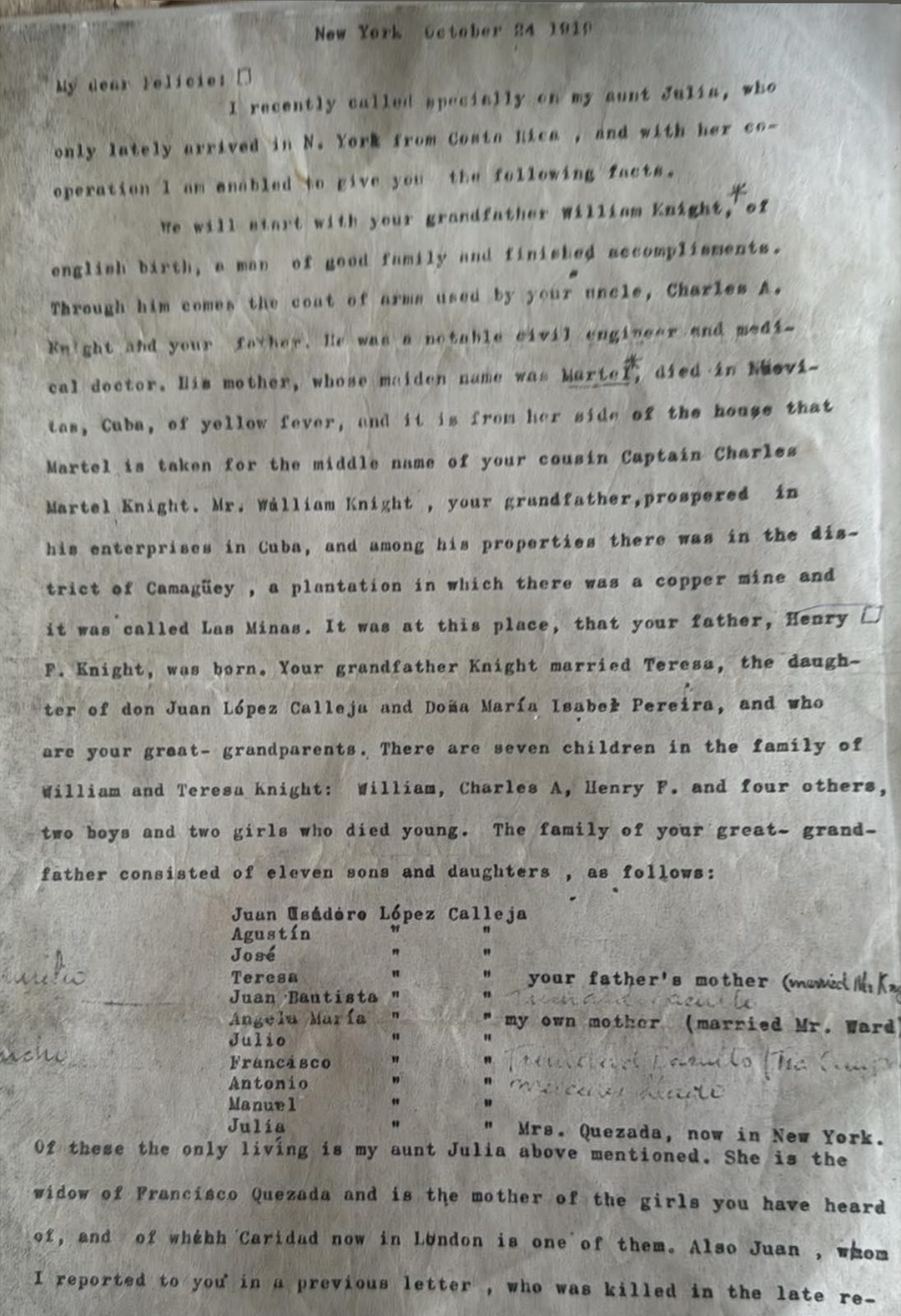 The first page of a typed letter on foxed paper, headed 'New York October 24 1919' and beginning 'My dear Felicie:'. The lower third lists eleven names in a column — Juan Isidoro López Calleja, Agustín, José, Teresa, Juan Bautista, Angela María, Julio, Francisco, Antonio, Manuel, Julia — with ditto marks and a few pencilled annotations in the margin.
