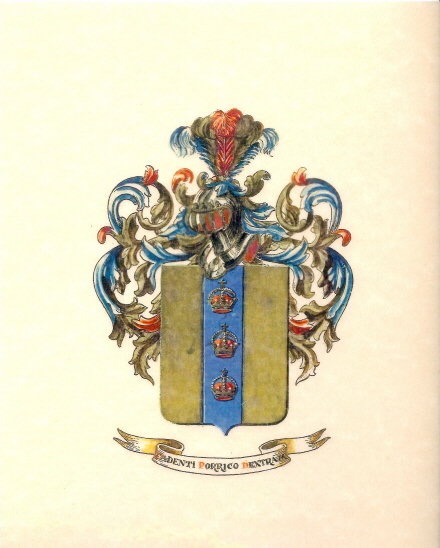 A hand-painted coat of arms on cream parchment: a steel helm topped with red-and-gold plumes, blue, gold and red acanthus-leaf mantling framing a gold shield charged with a blue vertical bend bearing three stacked royal crowns in red, blue and gold, above a ribbon scroll carrying a partly obscured Latin motto.