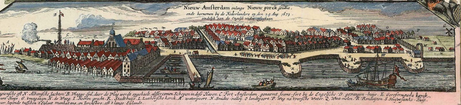 A long, narrow hand-coloured engraving of a town seen from the harbour: red-roofed houses packed along a waterfront with piers and small boats, a church with a cupola and a tall flagstaff at the left, a windmill at the far right, a large ship at anchor. Dutch lettering across the sky, and a two-line lettered key beneath the view.